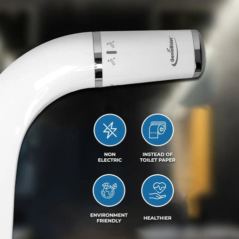 Close-up of Ultra Slim Self Cleaning Toilet Bidet Attachment showing nozzle details and benefits icons on dark background.