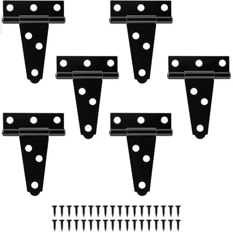 Heavy Duty Black T Shaped Hinges 50 Pack Rock Solid Iron Hardware For Wooden Barn Door Fence Gate And Window Replacement With Smooth Swinging Movement And Rugged Design Built Tough with six hinges and screws.