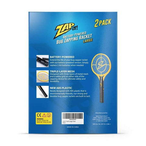 High Voltage Bug Zapper Racket With 3500 Volt Grid Battery Powered Two Pack Includes Two AAs Instant Mosquito And Fly Elimination Portable Indoor Outdoor Bug Catcher Safe Easy Push Button Activation packaging