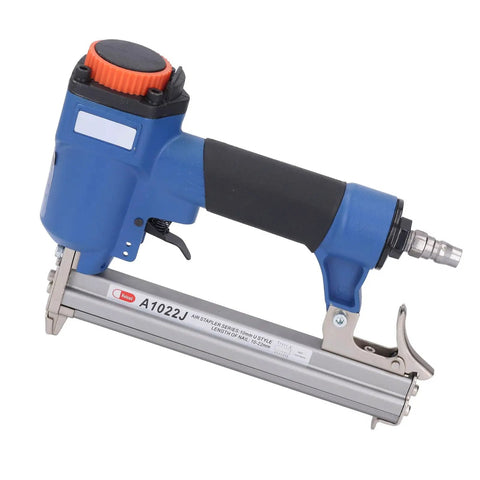 Sleek Lightweight Pneumatic Brad Nailer Badass Aluminum Build Zero Jam Design Hella Comfy Grip Smooth Shooting Mechanics Ideal For Carpentry And Home Improvement Rigs 10 To 22mm Range close-up view with rubber grip and air connector.