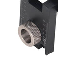 Close-up of 3 In 1 Doweling Jig Kit With Anodized Aluminum Body And Brass Limit Block, showing precise drill alignment details.