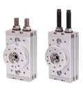 Built Tough Rotary Cylinder Pneumatic Actuator Delivering Smooth 90 To 180 Degree Rotation For Hardcore Industrial Tasks. Silver metal body.