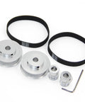 Beefy Aluminum 2GT Synchronous Timing Pulley Set, 60 Teeth, 8mm Bore, Two Piece Pack, Includes 200mm Long 10mm Wide Belt shown with tools