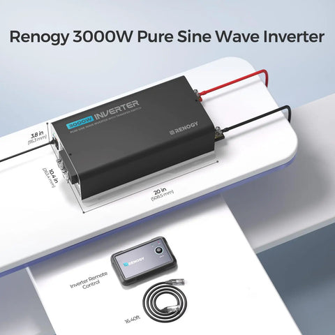 Rock Solid 3000 Watt Pure Sine Wave Power Inverter With Automatic Backup Switch And Bluetooth For Rv Truck Home Camping 12V Dc To 120V Ac Converter with dimensions shown.