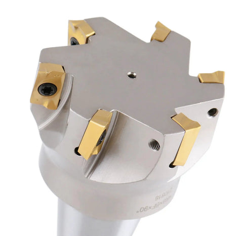 Beefy Indexable End Mill With 2-1/2 Inch Cutting Diameter And 6-1/8 Inch Overall Length, 90 Degree R8 Shank, Includes 6 APKT1604 Carbide Inserts, No Coolant Through, APKT1604 Insert Style For Versatile Metal Milling