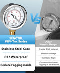 Front view of SENCTRL 30inHg vacuum pressure gauge, 2 in dial, 1/4 NPT lower mount, stainless steel case, waterproof