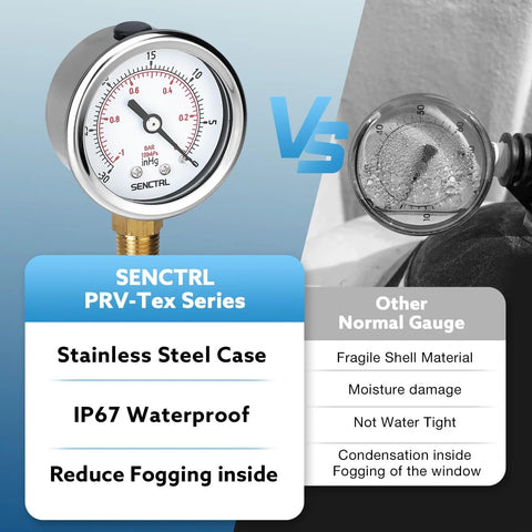 Front view of SENCTRL 30inHg vacuum pressure gauge, 2 in dial, 1/4 NPT lower mount, stainless steel case, waterproof