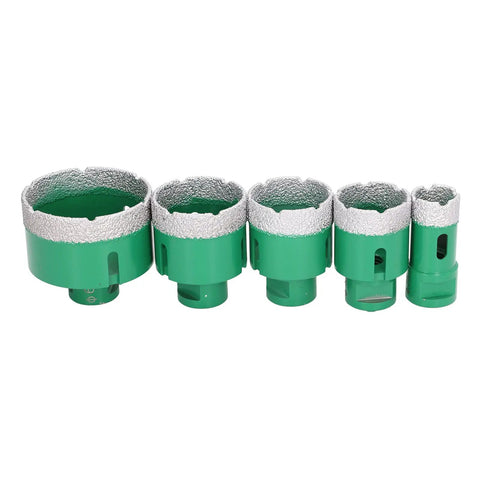 Top Tier Brazed Hole Saw Set With 5 Core Drill Bits Perfect For Marble Tile And Glass Work Comes With A Rugged Aluminum Storage Box To Keep Your Tools Safe And Organized On Any Jobsite Project, five green brazed core drill bits