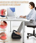 Woman using Six Height Adjustable Under Desk Foot Rest For Work Go To Ergonomic Foot Stool With Massage Roller under desk