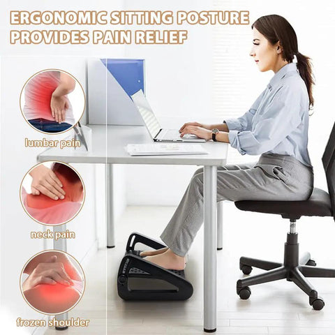 Woman using Six Height Adjustable Under Desk Foot Rest For Work Go To Ergonomic Foot Stool With Massage Roller under desk