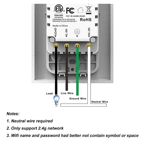 Back view of WiFi Light Switch 3 Gang showing wiring setup with neutral wire, compatible with Alexa Google Home 2.4 GHz network.