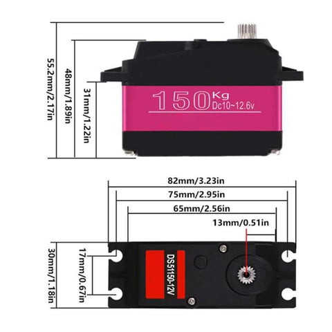 Heavy Duty DS51150 Digital Servo Delivering Rock Solid One Hundred Fifty Kilogram Torque And Lightning Fast Steering Response For One Fifth Scale RC Car Rigs dimensions and specifications.