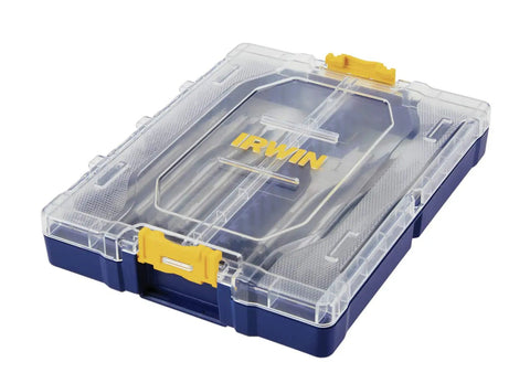 Speedbor Max 8-Piece Wood Drill Bit Set With Clear Lid, Stackable Case for Easy Viewing and Travel Ready, closed case view.