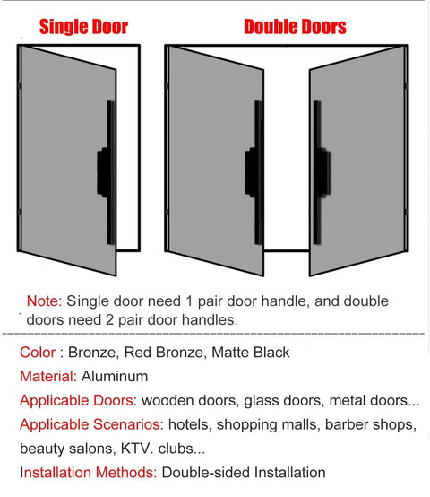 Diagram showing Heavy Duty Push Pull Door Handle For Glass Wood And Metal Doors Built To Last, Retro Aluminum Sliding Barn Style Pull, Bronze Finish for single and double doors.
