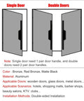 Diagram showing Solid Aluminum Double Side Door Pull Push Handle for single and double doors in bronze finish.