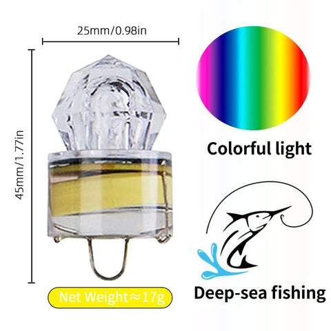 LED Diamond Fishing Lights Set Of 5 Underwater Flasher Lures, 25x45mm size, with colorful light for deep-sea fishing, 17g weight.