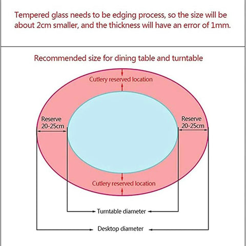 Diagram showing recommended sizes for dining table and Dang Solid Heavy Duty Tempered Glass Lazy Susan Turntable.