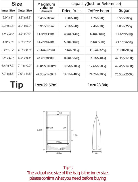 Diagram showing size chart and dimensions of 100 Pcs Kraft Stand Up Pouches With Window 3.5 By 5.5 Inch Zipper Food Storage Bags