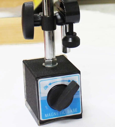 Magnetic Machine Base For Dial And Digital Indicators 9 Inch Height With On Off Switch Adjustable Pivot Arm Stable Compact Metal Stand; black magnetic base shown