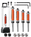 Flush Trim Router Bit Set Four Piece One Quarter Inch Shank Top And Bottom Bearing Carbide Template Guide Bits with packaging and accessories