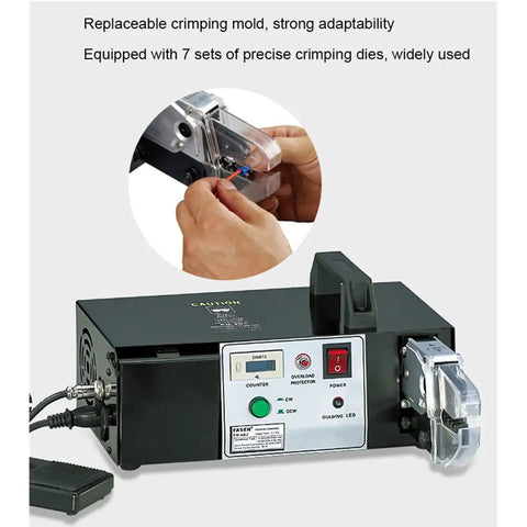 Top Tier Automatic Wire Terminal Crimping Tool, Multifunction Electric Plier Machine with 7 die sets and control panel.