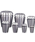 Precision High Performance ER Spring Collet Set For Lathe Mill Tool With Tight Clamping Grip, seven sizes of collets in silver.