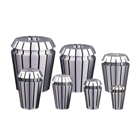 Precision High Performance ER Spring Collet Set For Lathe Mill Tool With Tight Clamping Grip, seven sizes of collets in silver.