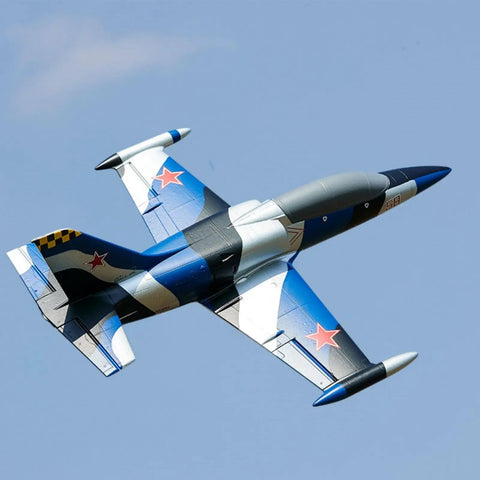 RC Arrows 50mm L39 RC Plane With Vector Flight Stabilization System PNP Blue in flight against clear sky