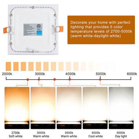 12 Pack 5 Inch Ultra Thin LED Square Can Light Retrofit With Junction Box Bangin Brightness 850 Lumens CRI85 Dimmable, CCT options display.