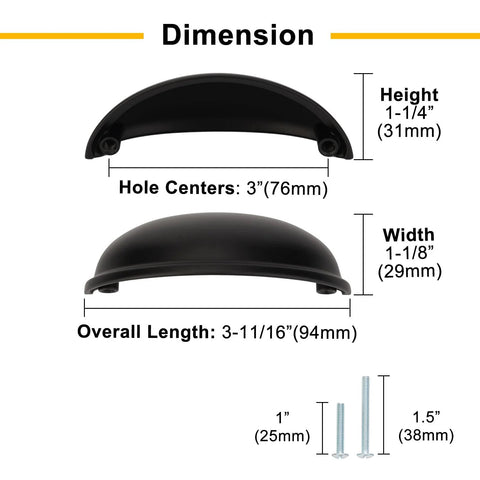 Dimensions of Brushed Gold Cup Drawer Pulls 3 Inch 76mm Set of 10 Durable Metal Cabinet Handles shown with screw sizes