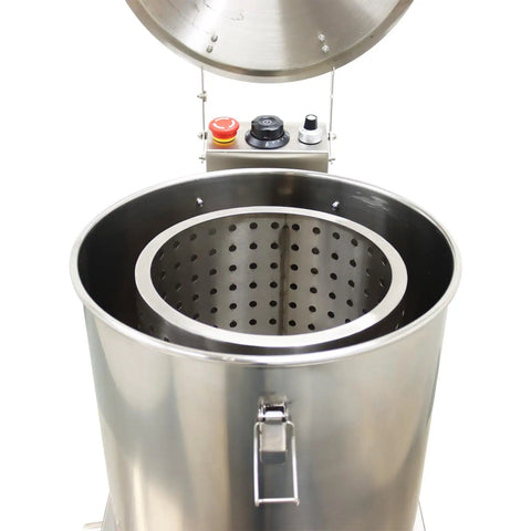 Open top view of No Sweat Commercial Electric Salad Dryer And Heavy Duty Salad Spinner For Restaurants Built From Top Tier Stainless Steel.