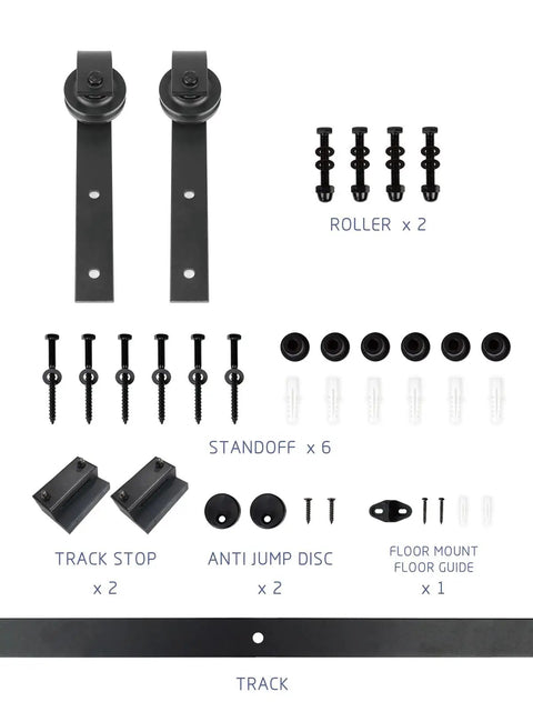Unfinished Spruce Barn Door 42 X 84 Inches With Heavy Duty Sliding Hardware Kit includes rollers, standoffs, track stop, and floor guide.