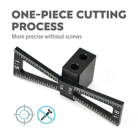 Top Shelf Dovetail Marker Tool For Woodworkers Slick Adjustable Layout Gauge showing one-piece cutting process and markings.