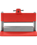 Front view of 12 Inch Press Brake Attachment for 12 or 20 Ton Hydraulic Shop Presses with 90 Degree Bend, red steel construction.
