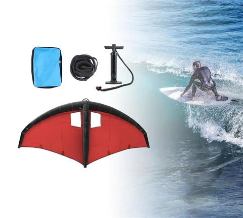 Wind Wing Foil For Surfing And Kitesurfing kit with red inflatable wing, pump, travel bag, rope, and surfer on wave