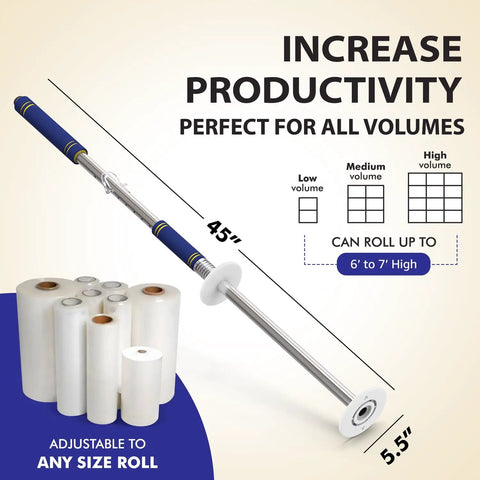 Stretch Film Dispenser Pole With Extra Long Reach For Fast Pallet Wrapping, Heavy Duty Industrial Handle for 12-24 inch rolls