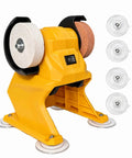 No Fuss Cordless Bench Grinder With 20V Max Battery Drop And 200W Motor, featuring yellow shell and grinding wheels.