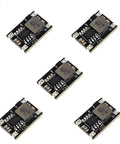 Five Ultra Compact 5V Buck Converter Board From 5-28V Input To 5V Output Up To 1.8A, black plug and play modules.