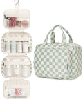 Must Have Hanging Toiletry Bag For Women Travel Organizer with checkered green design, open compartments displaying cosmetics