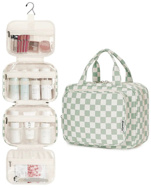 Must Have Hanging Toiletry Bag For Women Travel Organizer with checkered green design, open compartments displaying cosmetics