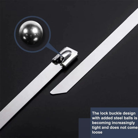 Heavy Duty 11.8 Inch Metal Zip Ties, 304 Stainless Steel Self Locking Cable Ties For Outdoor Use, 100 Pack, Ultra Strong And Weatherproof For Exhaust Wraps, Chain Link Fences, Pipes, Farms, And More; close-up of locking buckle