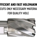 Side view of a 5/8 inch by 1 inch high-speed steel annular cutter with spiral flutes
