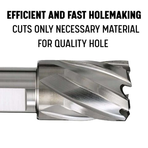 Side view of a 5/8 inch by 1 inch high-speed steel annular cutter with spiral flutes