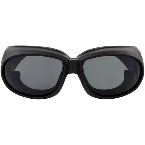 Over Glasses Motorcycle Safety Sunglasses 2 Pack Smoke And Clear Lenses front view with shatterproof polycarbonate frame.