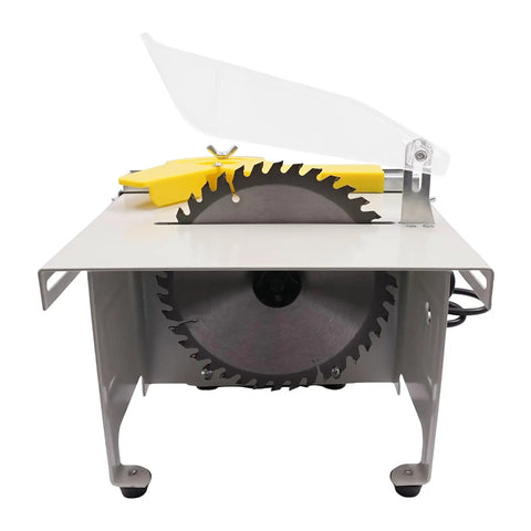 Front view of Do It All Mini Saw For Woodworking And Rock Cutting 750W Electric Grinder Polisher with blade and safety guard