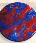 15 Inch Resin Art Dope Lazy Susan Spins 360 Degrees For Dining Table And Kitchen Countertop Decor Tray With Wood Base Centerpiece For Coffee Bar Display And Entertaining, featuring vibrant red and blue resin art design.