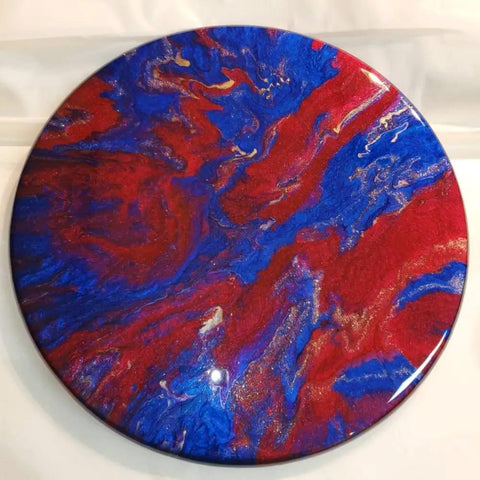 15 Inch Resin Art Dope Lazy Susan Spins 360 Degrees For Dining Table And Kitchen Countertop Decor Tray With Wood Base Centerpiece For Coffee Bar Display And Entertaining, featuring vibrant red and blue resin art design.
