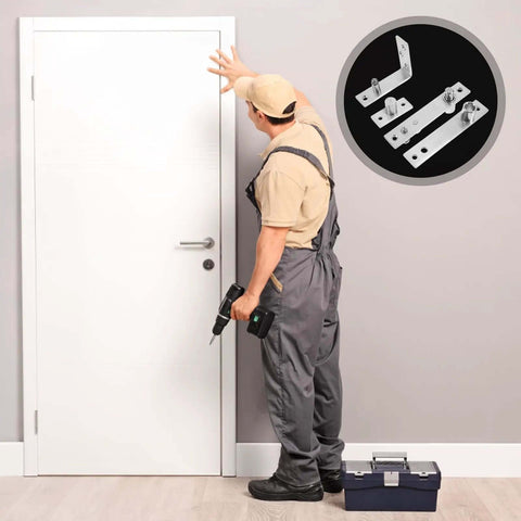 Installer fitting a door with Heavy Duty Hidden Pivot Door Hinges Stainless Steel Swivel Torque Hardware, 1 pair depicted in inset.