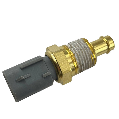 Close-up of engine coolant temperature sensor with brass threaded body and gray connector; compatible with Wrangler, Durango, Grand Cherokee, Challenger