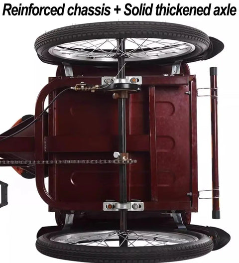 Bottom view of Folding Three Wheel Tricycle Workhorse With Cargo Cabin And Dual Brakes, showing solid chassis and red steel frame.